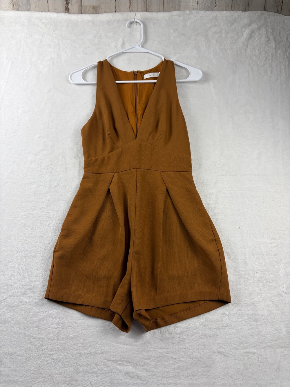 Lush Romper V-Neck Pleated Sleeveless Camel Brown Small